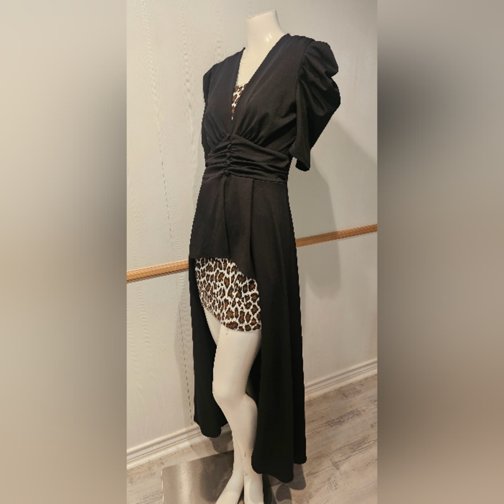 Vin Vin Black Dramatic Hi-low Asymmetrical Short Sleeve Button Front Shirt Top M